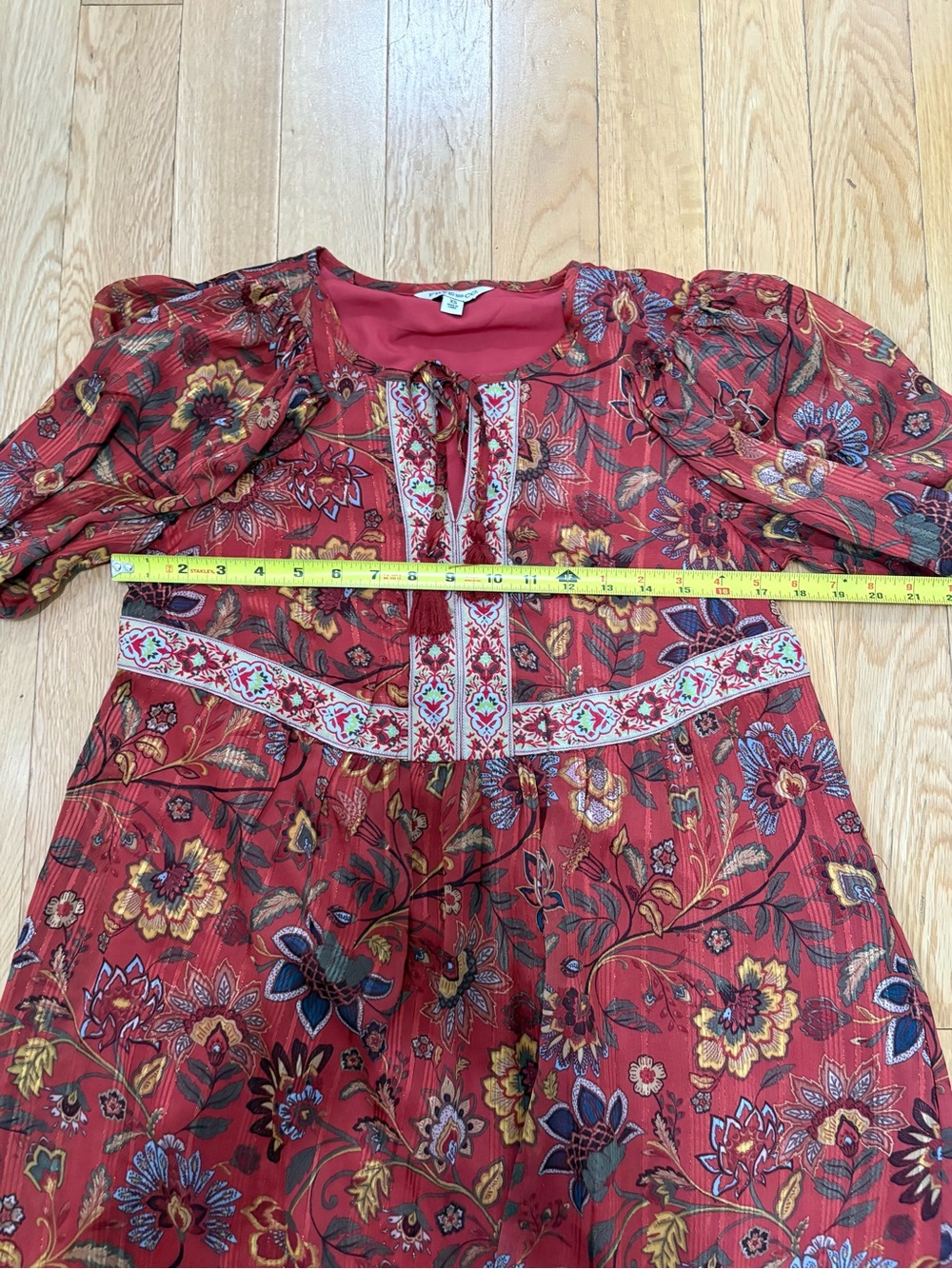 Frye & Co Boho Rust Floral Metallic Pintuck Midi Dress Cottagecore Peasant Sz XS - Picture 8 of 9